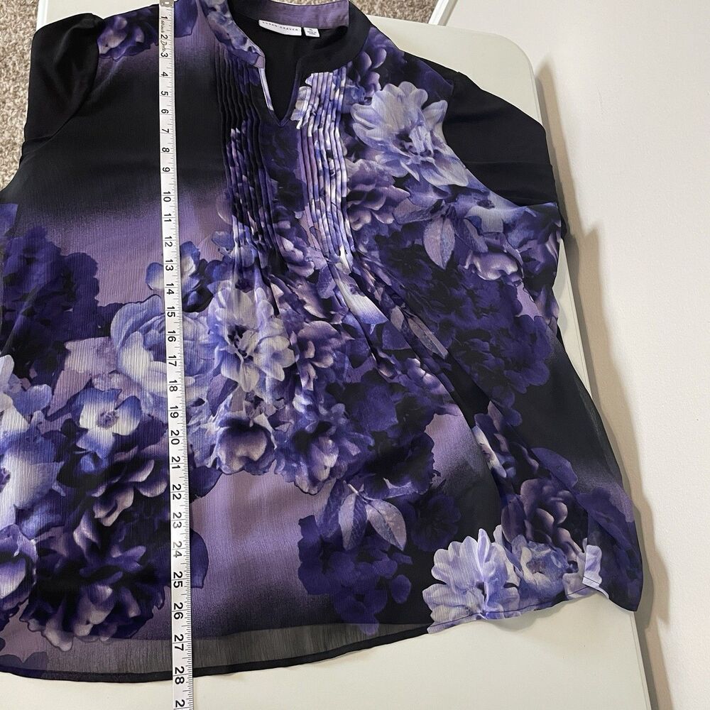 Susan Graver  Pintuck Sheer Popover Blouse XL Black Purple Floral Flowy Office - Picture 10 of 11